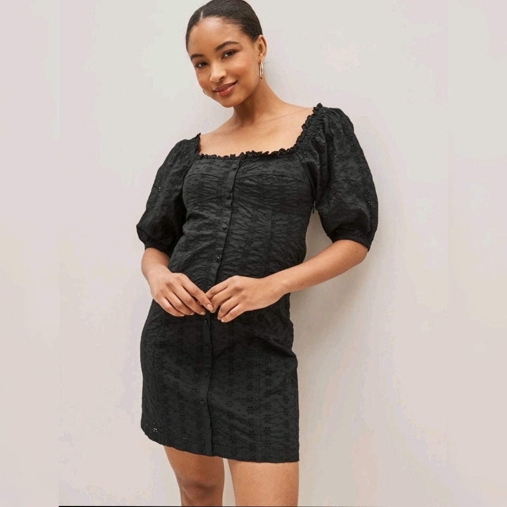 Gap Puff Sleeve Square Neck Eyelet Mini Dress XS Black NEW